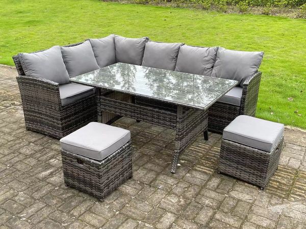 Fimous Hoher Rücken Dunkelgrau gemischt Rattan Ecksofa Set Gartenmöbel Rechteckiger Esstisch 2 kleine Fußhockern 8 Sitzer