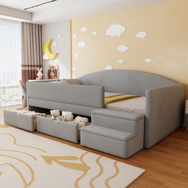 Kinderbett 90×190 cm aus Samt mit Schutzrand,Stufen,Unterbett-Schubladen,Polsterbett für Jungen & Mädchen,weich & sicher,Hellgrau