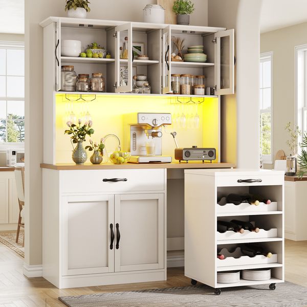 Merax 140cm Küchenschrank mit Rollwagen, Hochschrank mit LED-Beleuchtung, Pantryschrank mit Weinglasregal & Weinregal, Beleuchteter Sideboard Schrank