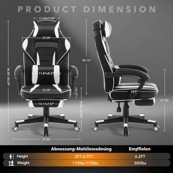 GarveeMore Gaming-Stuhl mit Fußstütze und Lendenwirbelstütze,360° drehbarer Computer-Bürostuhl, ergonomischer Computer-Spiel-Schreibtischstuhl,bis 136 kg,PU-Leder