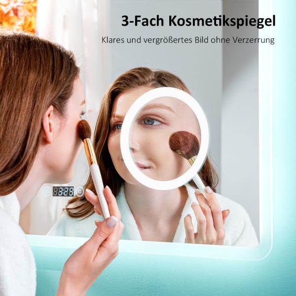 EMKE Badspiegel mit 3-fache Vergrößerung, LED Beleuchtung, 80x60cm, 3 Lichtfarben Dimmbar, Touch, Beschlagfrei, Uhr Bild 2
