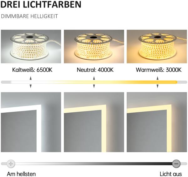 EMKE Badspiegel mit 3-fache Vergrößerung, LED Beleuchtung, 80x60cm, 3 Lichtfarben Dimmbar, Touch, Beschlagfrei, Uhr Bild 3