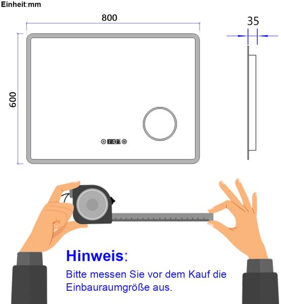 EMKE Badspiegel mit 3-fache Vergrößerung, LED Beleuchtung, 80x60cm, 3 Lichtfarben Dimmbar, Touch, Beschlagfrei, Uhr Bild 5