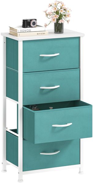 DWVO Kommode mit 4 Schubladen, Schrank aus Stoff mit Griffen, Metallgestell & MDF-Holzplatte, langlebig, für Schlafzimmer & Wohnzimmer,Grün