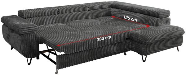 MKS Möbel 'Pablo L-Form' Ecksofa mit Schlaffunktion, verstellbare Kopfstützen, Dunkelgrau, Cordstoff, T25 Topper, Links Bild 7
