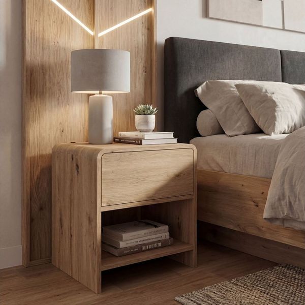 FINEBUY Nachttisch FB116814 Nachttisch Nachtkästchen Boxspringbett 50cm Eiche Dekor Schub (Moderne Nachtkonsole in warmer Eiche-Optik), Praktische Schublade und ein offenes Ablagefach