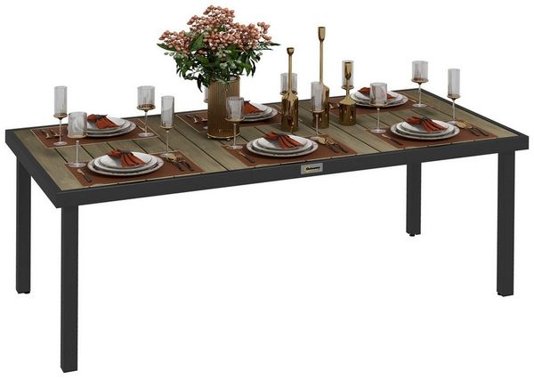 Outsunny Gartentisch 190x90 cm, wetterfest, mit Holz-Optik, rutschfest, für 8 Personen (Campingtisch, 1-St, Buffettisch aus Aluminium), für Garten, Terrasse, Balkon, Naturholz