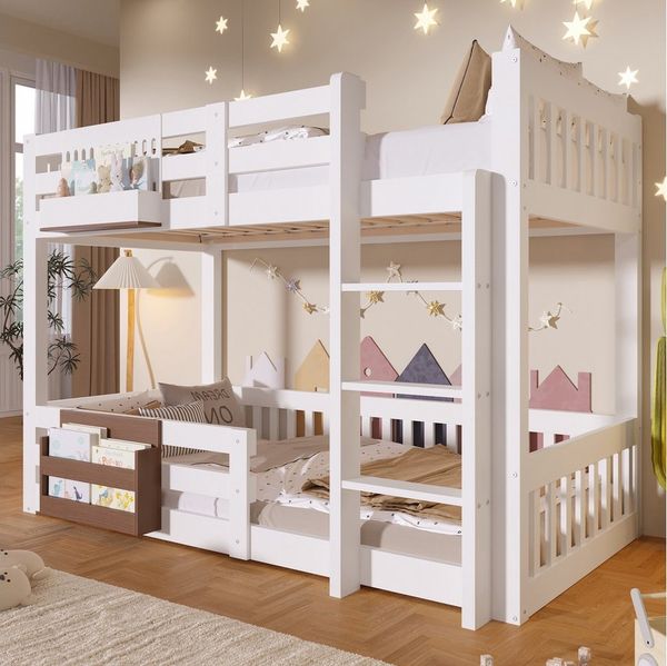 Flieks Etagenbett, Kinderbett 90x200 cm mit Stauraumfächer & Leiter & Sicherheitsgitter