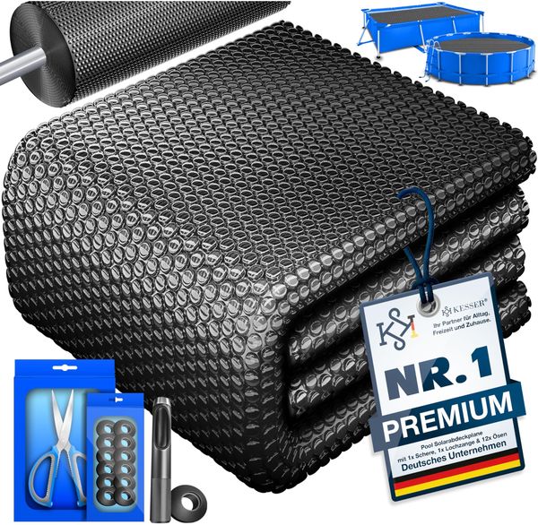 KESSER® Pool Solarabdeckplane | Solarfolie Stärke 120µm | Solarabdeckung Solarplane zuschneidbar | Poolsolarplane Solar Folie inkl. 1x Schere, 1x Lochzange & 12x Ösen | Poolheizung für Wassererwärmung Schwarz, Ø 488 cm