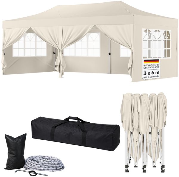 STEELSØN 'Rynara' Pavillon 3x6 m, beige, wasserdicht, stabil und UV-beständig, Faltpavillon mit 6 Seitenteilen, Pop Up Pavillon inkl. Tragetasche