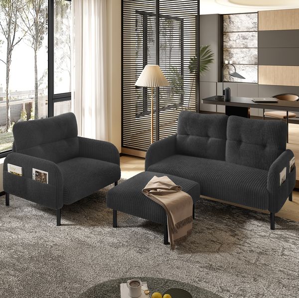 Sofa-Set, Cord 3-teilig mit Sessel, Hocker & Seitentasche, 120x75x79 cm, grau