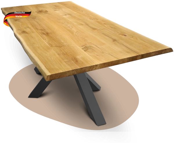 Massivholz Wohnzimmertisch mit Baumkante RAGNAR - 200x100cm, Eichenholz, H-Spider Gestell | Esstisch Holz Küchentisch Esszimmertisch