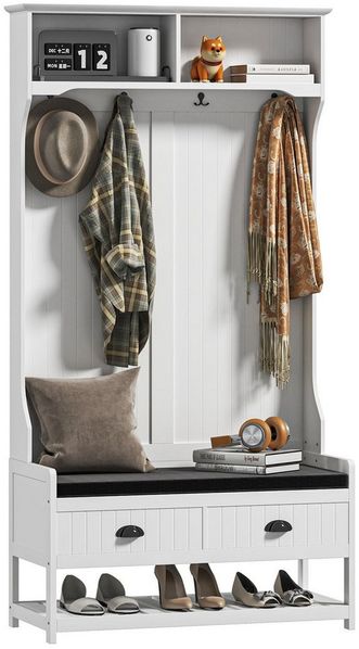 HOMCOM Garderobenständer 2-in-1, mit 4 Haken, Schuhbank und Ablagen, Kippschutz, (Kleidungsständer, 1 St, Garderobe), für Eingangsbereich, Flur, Schlafzimmer, Weiß+Grau