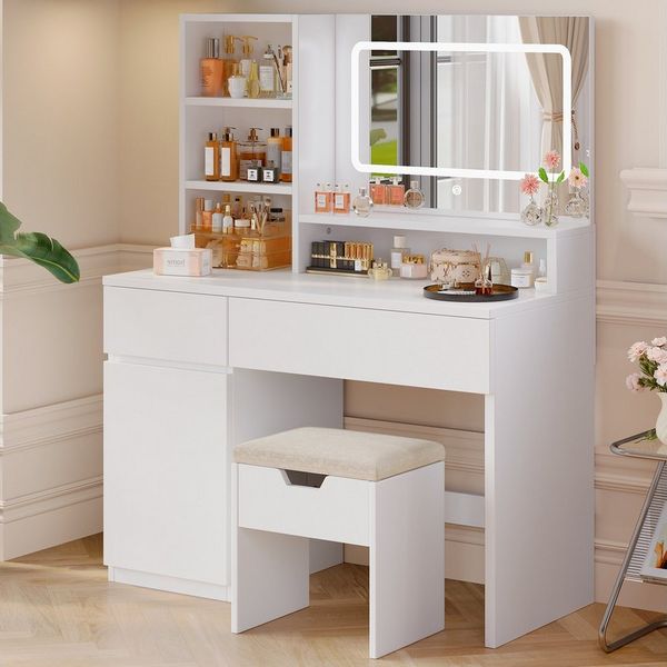 HOMALL Schminktisch Mit integrierten LED-Leuchten, einstellbare Helligkeit und Temperatur (Produktabmessungen: 90 × 40 × 135 cm Mit 5 offenen Ablagefächern + 2 Schubladen + 1 doppelstöckigem Schrank)