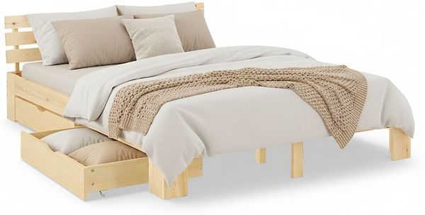 Holzbett Doppelbett 160x200 cm Bett mit 2 Bettkästen und Lattenrost Holzbettrahmen Natur Massiv Holz