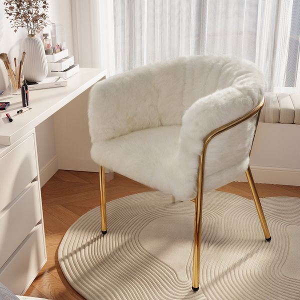 Essstuhl, beige, Kaninchensamtimitat (Faux-Fur), Metalllgestell, Sitzhöhe ca. 45 cm, leicht luxuriöses Design,57*57*77 cm