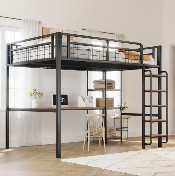 Hochbett 140x200 cm mit Schreibtisch und Regalen – Metallbett in Schwarz mit Sicherheitsleiter