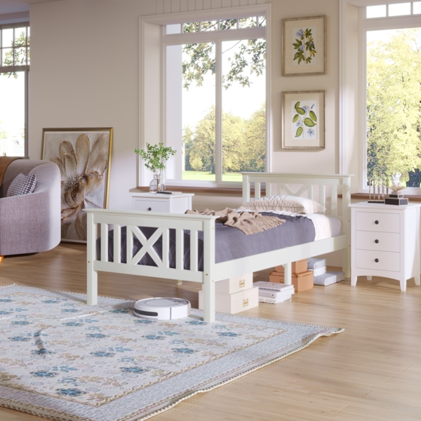 Bett 90x200 cm aus Kiefer massiv mit Stauraum und X-Kopfteil – inkl. Lattenrost, Weiß