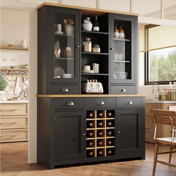 Flieks Küchenbuffet mit Arbeitsplatte in Holzoptik Natur, Glastüren und Weinregal (1-St, B120/T40/H185 cm) Hochschrank Küchenschrank Geschirrschrank mit verstellbarer Ablagen