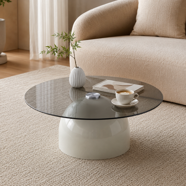 Flieks Runder Glas-Couchtisch Ø70 cm mit Sockel in Weiß, moderner Wohnzimmertisch aus gehärtetem Glas & Metall, Weiß+Grau