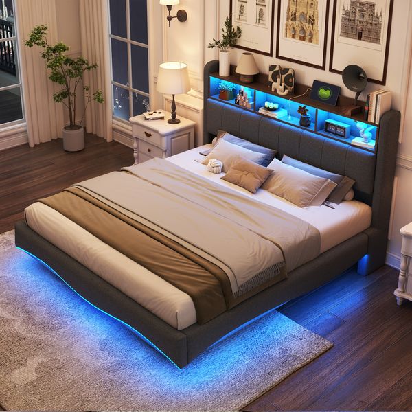 Polsterbett aus Leinenstoff mit LED & USB-Anschluss, 160x200 cm, grau, Stauraum, ohne Matratze
