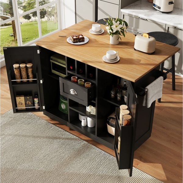 i@home Küchenwagen Kücheninsel, Esszimmerwagen, Buffetschrank, schwarz, mit Holzmaserung, Handtuchhalter, Weinregal, 140 x 70(40) x 93,5 cm