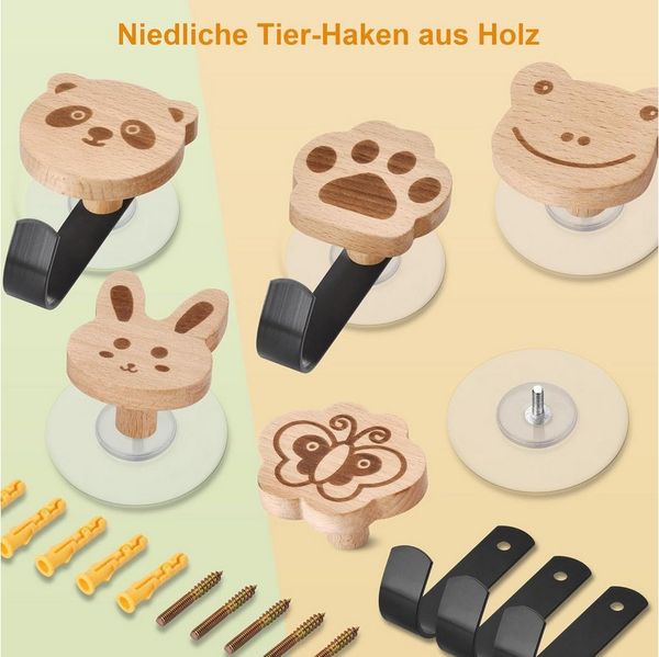 BlingBin Kleiderhaken 5pcs Holz Kleiderhaken Kinder Selbstklebender Wandhaken in Tiere-Form, Türen, Wand, (5 Stück, 5-St, 5pcs), Garderobenhaken Kleiderhaken Wand Wandaufhänger Türhaken