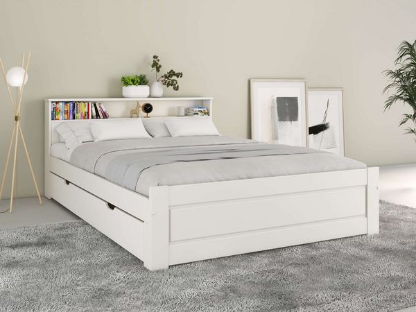 OTTO home Massivholzbett FLAVION, Jugendbett, Stauraum, FSC® zertifizierte Kiefer (Breite: 90, 140, 180), Qualitätsprodukt, Regal, Kassettenoptik, Schublade optional