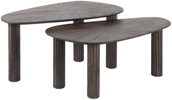 Couchtisch 2er-Set Foray aus massivem Teakholz, organisches Design, Braun, strukturierte Platte