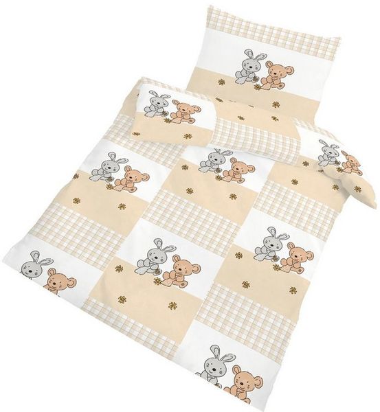 DOBNIG Babybettwäsche Biber Kinderbettwäsche 2tlg. 100x135 cm Hase und Bär kariert beige, Biber, 2 teilig, Niedliches Karo-Design mit Hase und Bär für gemütliche Kinderträume