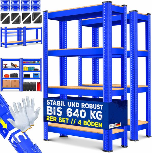 MASKO® 2er-Set Lagerregal Schwerlastregal, Kellerregal, verstellbare Ablagen, MDF-Platten Regal aus Metall, Steckregal, Werkstattregal, Keller, Garage 2x 160x80x40cm 4-Böden, 2x Blau 700kg