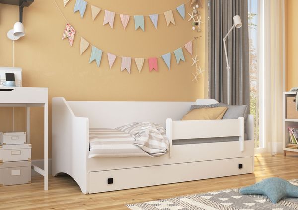 Kinderbett ""Naomi"" Einzelbett 80x160cm Kiefer Massiv weiß lasiert schwarz mit Schublade