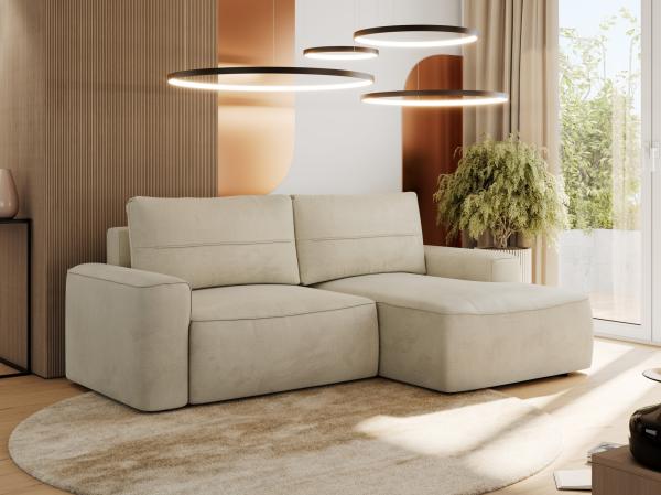 L-förmiges Ecksofa mit Armlehnen, Schlaffunktion und losen Kissen - BELLUNO - rechts - Beige Velours