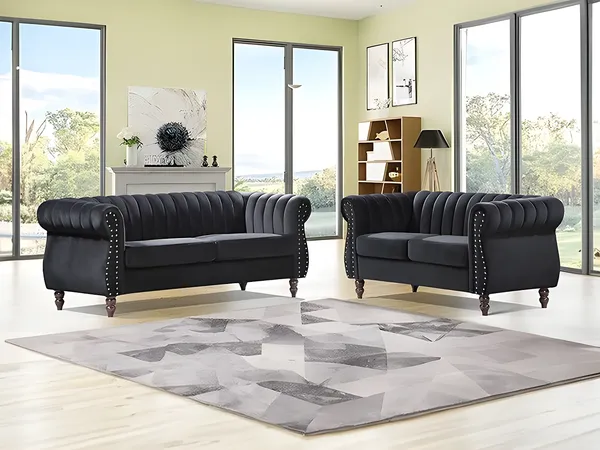 Vente-unique - TRUMBO Couchgarnitur SamtStoff Schwarz - B 78 cm x H 77 cm x L 195 cm150 cm