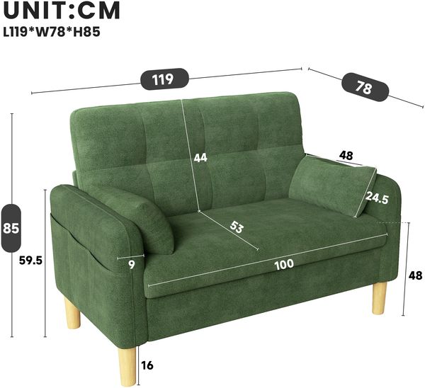 Merax Zweisitzer Sofa mit dicken weichen Polstern, 2 Kissen und seitlicher Aufbewahrungstasche, Chenillegewebe, Grün Bild 4