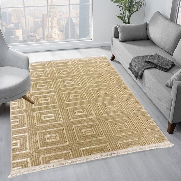 Vimoda Teppich Teppich Wohnzimmer neues dünn Designteppich kariert moderne, Rechteckig, Höhe: 5 mm, Kurzflor Teppich 3D, Sommer/Winter, glänzenden Linien, Fransen
