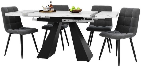 OKWISH Esstisch Langer Tisch,Moderne Esstisch,Teleskoptisch,Esstisch-Set (Esstisch Set 5-tlg mit Ausziehbarem Tisch für 4 Personen, Weiße MDF Tischplatte mit Marmoroptik, 4 Graue Samt-Esszimmerstühle, Perfekt für Esszimmer und Küche, 5-St, 99-159 cm), ...