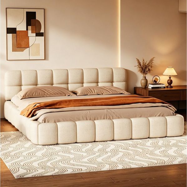 Simurq Polsterbett 140x200 cm Doppelbett Modernes, Jugendbett Leinen Stoff (1-tlg, ohne Matratze), Bubble Bett Mit Lattenrost gepolstertes Kopfteil