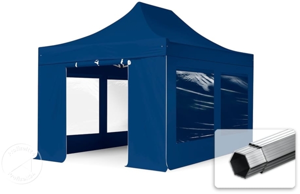 3x4,5 m Faltpavillon PROFESSIONAL Alu 40mm, Seitenteile mit Panoramafenstern, blau