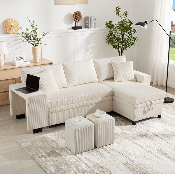 Schlafsofa 231 x 131,5 x 84 cm mit Schlaffunktion, Stauraum, USB/Typ-C und Seitenablagen – Ecksofa aus Cord in Beige