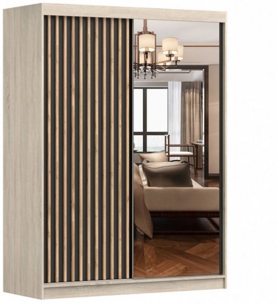 MOEBLO Kleiderschrank LABI (Schiebetür-Kleiderschrank mit Spiegel & Holzdekor, Schwebetürenschrank 2-türig Schrank mit Einlegeböden und Kleiderstange) -(BxHxT): 150x200x61 cm