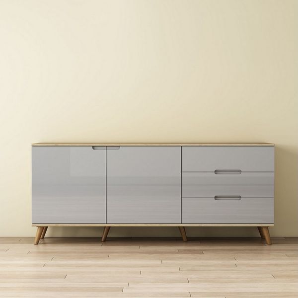 OTTO home Sideboard Lund, mit glänzenden Fronten, Griffmulden, helles Holzdekor, Breite 180 cm