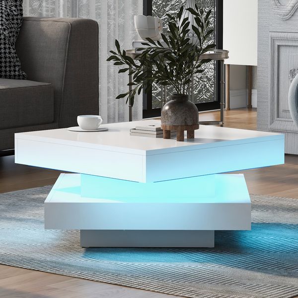 Couchtisch 70x70x36 cm, weißer Hochglanz mit 360° drehbarer Platte und 16‑farbiger LED