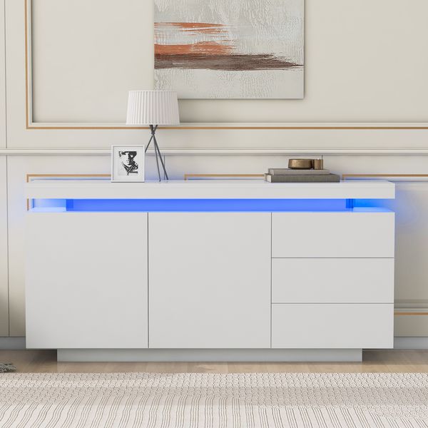 Sideboard Weiß Hochglanz, 140x38x72 cm mit App-LED, 2 Türen & 3 Schubladen