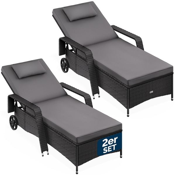 Casaria® Sonnenliege 2er Set mit Rollen Auflage Schwarz Anthrazit