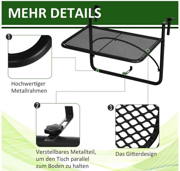 MC Star Balkonhängetisch höhenverstellbar viereckig Metall Schwarz 60x56,5x45cm (ideal für Balkon & Terrasse)