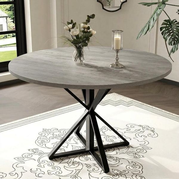 GarveeMore Esstisch runder aus Holz,robuster Metallsockel für 4 Personen, Küchentische mit rundem Sockel für Esszimmer,Küche,Wohnzimmer
