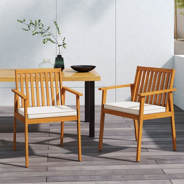 COSTWAY Gartenstuhl, 2er Set Akazienholz mit Kissen und Armlehnen 180 kg