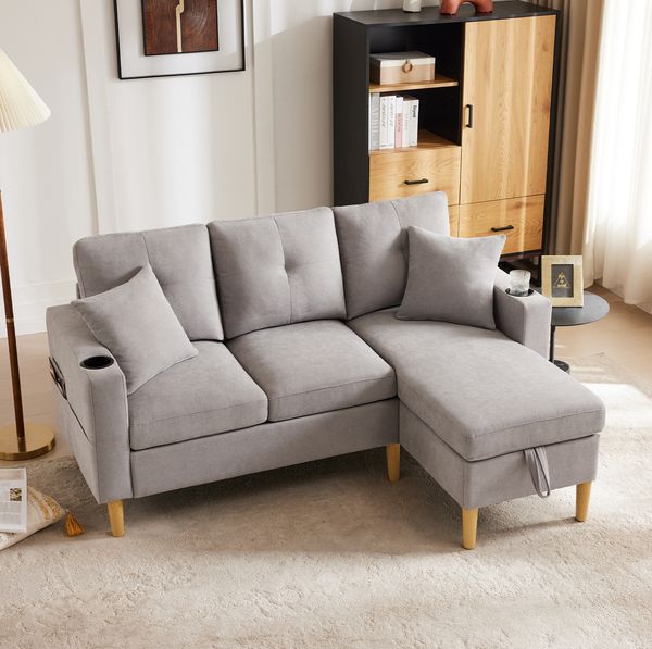 L-förmiges Sofa mit Stauraum & Getränkehalter, Baumwoll-Leinen, hellgrau, 175x129x90 cm