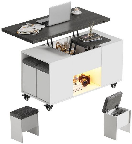 TWSOUL Couchtisch Ausziehbar Platte und höhenverstellbar mit Stauraum 4 Hockern, LED&Rollen Verwandlungs Esstisch Sofatisch, 105 * 100/50 * 55.5 cm